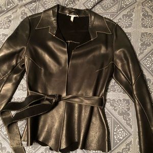 Joie Black Leather Belted Peplum Jacket with Contrast Stitching